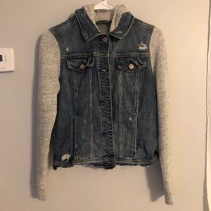 Denim jacket with sweatshirt sleeves